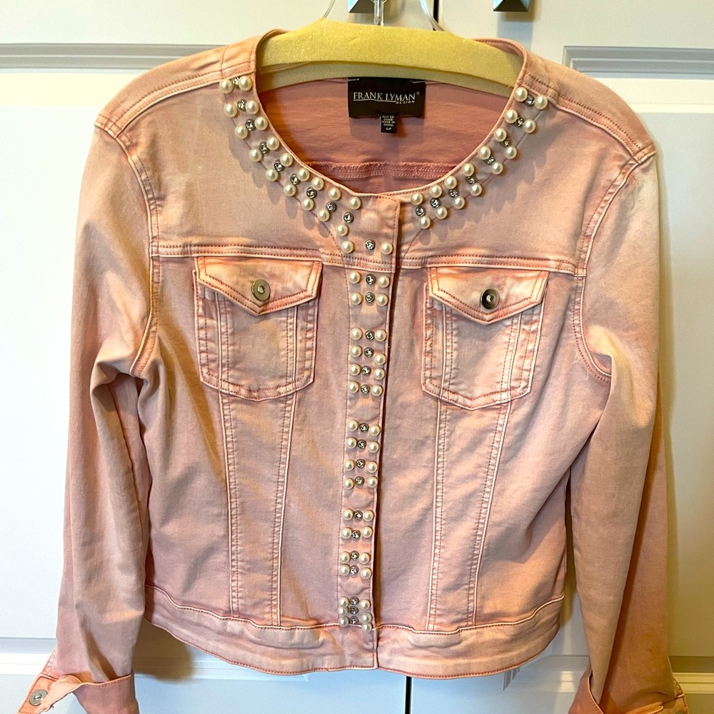 Pink denim jacket with pearls and rhinestones, Frank Lyman Design